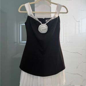 Elegant Black & White Mini Dress with Floral Accent